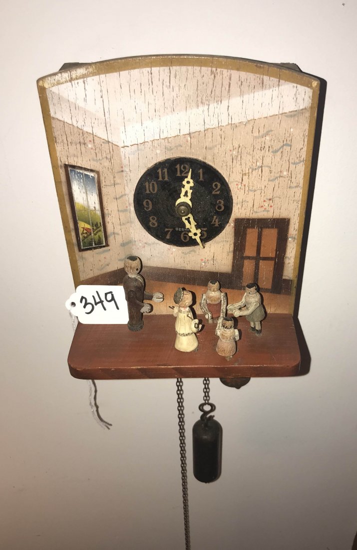 HANDCRAFTED JEWELRY, STERLING AND PLATED SILVER, CLOCKS: German wooden wag-on-the wall clock, handpainted schoolhouse scene w/teacher and pupils in the foreground, single weight w/pendulum, 7" T x 4 1/2" D