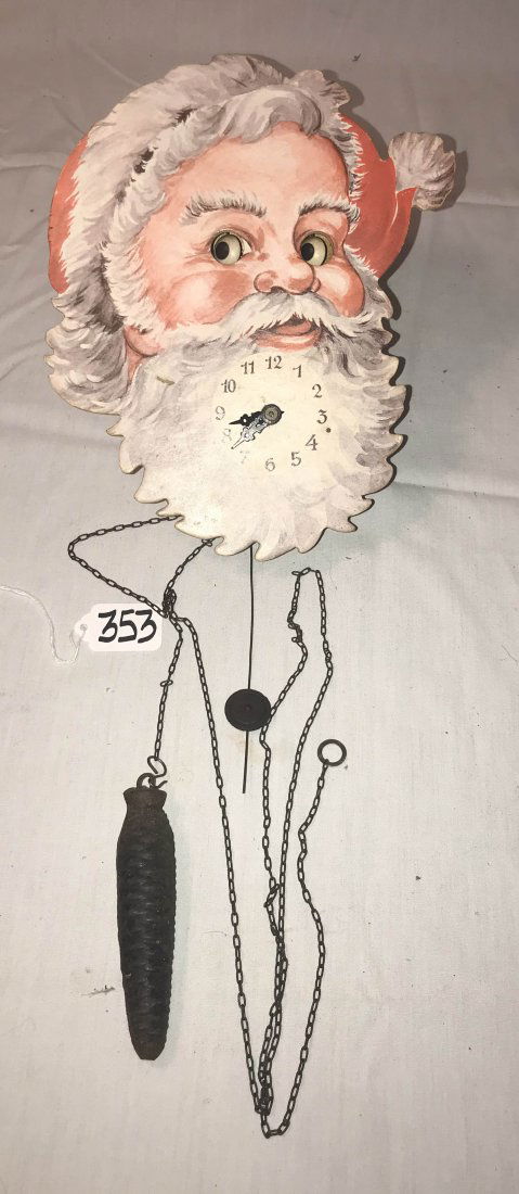 HANDCRAFTED JEWELRY, STERLING AND PLATED SILVER, CLOCKS: Paper Santa's head wag-on-the wall clock w/moving eyes marked Geroma, Western Germany, w/1 weight and pendulum, slight crease on left side of head, 10" T x 8 1/2" W