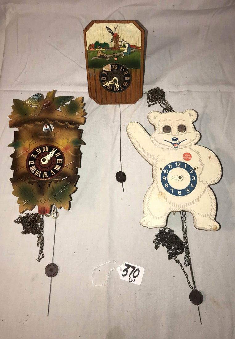 HANDCRAFTED JEWELRY, STERLING AND PLATED SILVER, CLOCKS: Grouping of 3 clocks: teddy wag-on-the wall painted white, grey and blue marked Teddy Snow Crop w/moving eyes, brass movement marked Bachmeier and Klemmer, Western Germany, w/pendulum, no weight, 1 ha