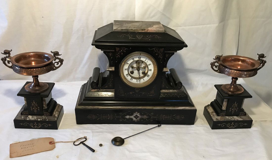 HANDCRAFTED JEWELRY, STERLING AND PLATED SILVER, CLOCKS: 19th C French Victorian marble mantle clock garniture set, black w/gray and pink marble, gold painted incised decoration, white enameled dial w/Roman numerals, open enscapement and door w/round bevele