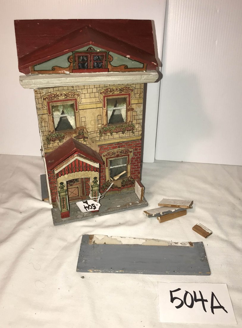 DOLLHOUSE, DOLLS, MINIATURES: Vintage wooden dollhouse red painted roof, paper laid down on front and sides w/brick, window and door trim and flower boxes, various pieces are loose and need to be reglued, renailed and reattached, 
