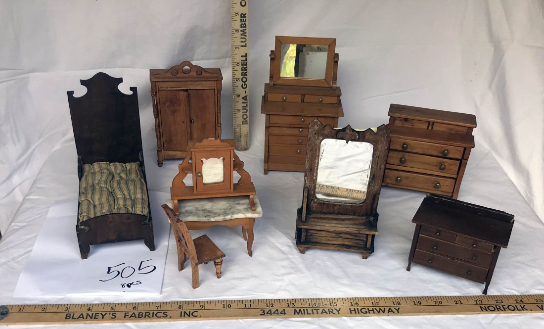 DOLLHOUSE, DOLLS, MINIATURES: Grouping of 8 pieces of Country and Victorian dollhouse furniture: highback bed, wardrobe, stepdown bureau wmirror, stepdown bureau dressing mirror, marble top dressing table w/chair, small bureau w/s