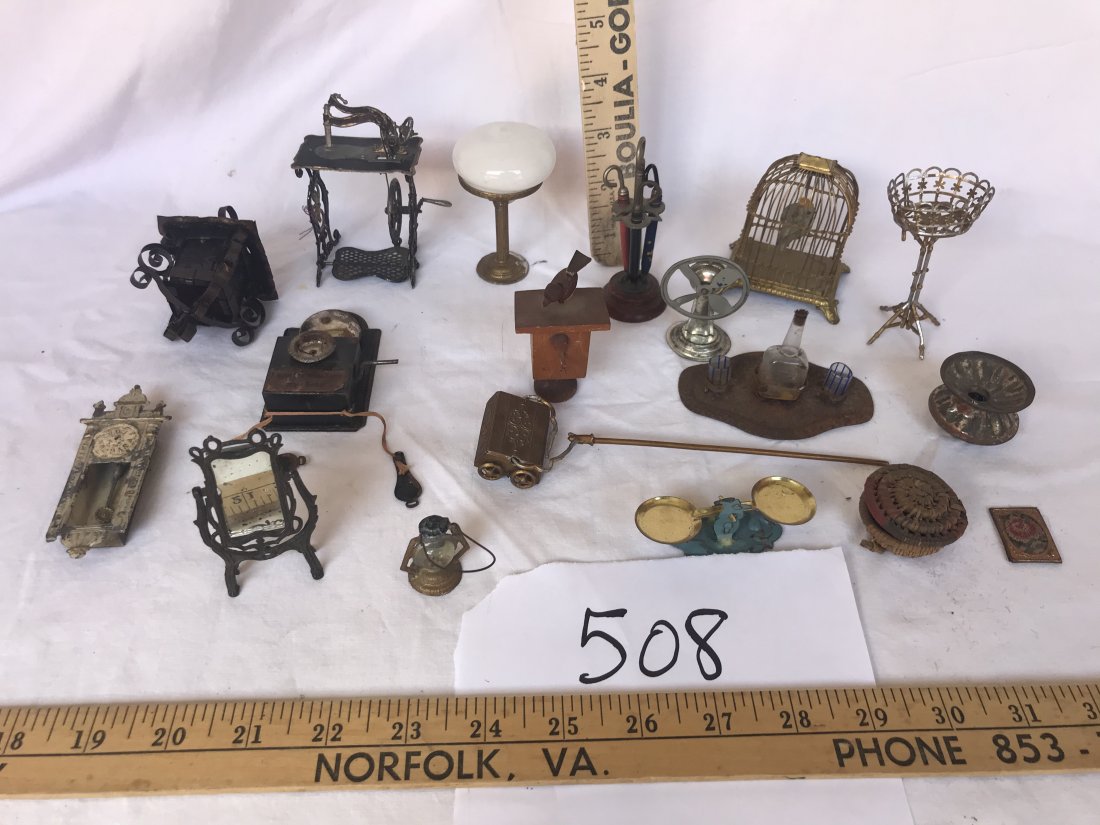DOLLHOUSES, DOLLS, MINIATURES: Grouping of 18 plus pieces of dollhouse miniatures: wall phone, sewing machine sweeper-damage on handle,, needlepoint picture, scale, fan, spittoon, plant stand, lantern w/handle, birdcage w/bird, woo