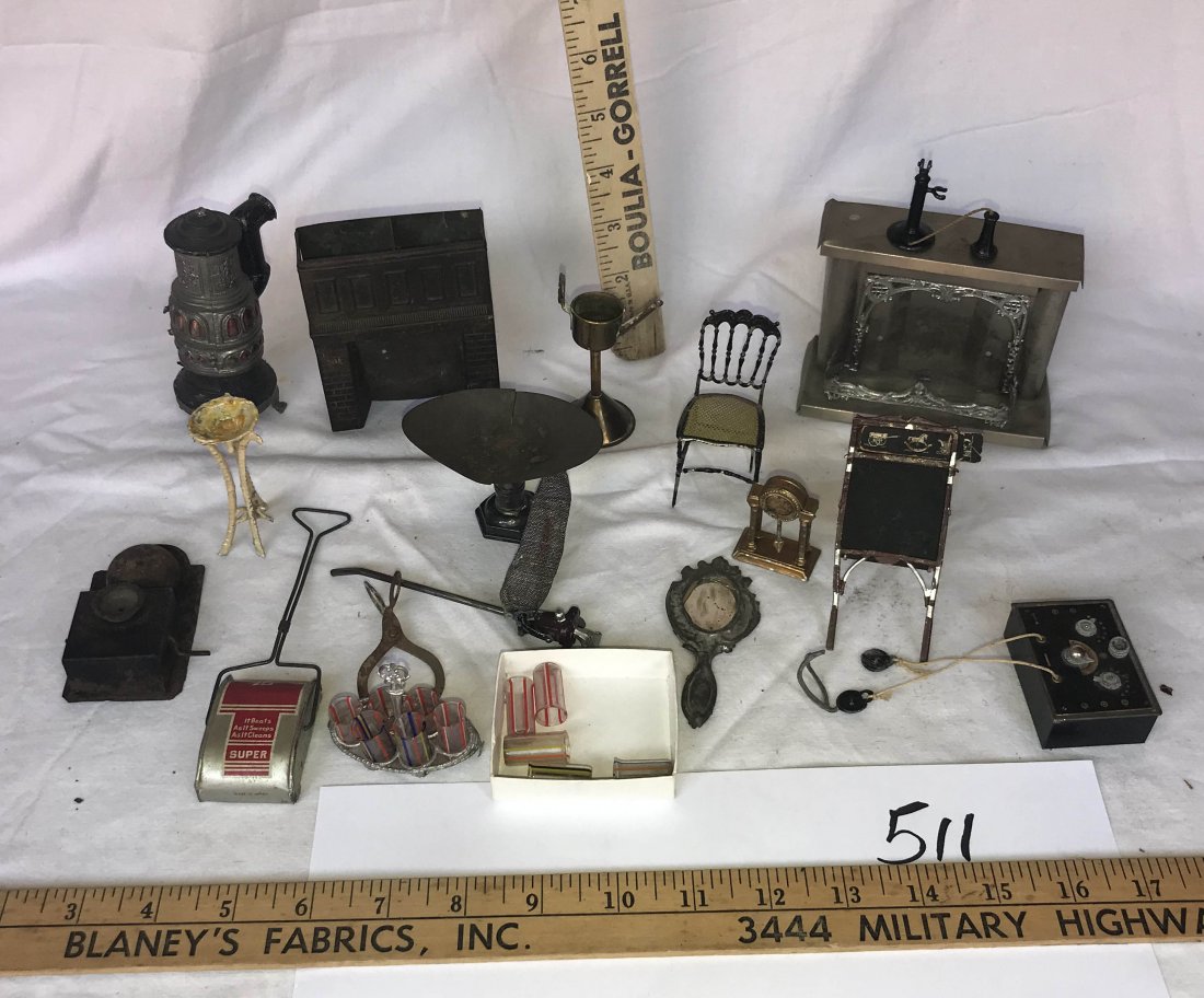 DOLLHOUSES, DOLLS, MINIATURES: Grouping of approximately 18 dollhouse miniatures: slate drawing board, tin hand mirror, Victorian cane chair tin/brass brick mantel, tin pedestal bowl, die cast stand, sweeper, tin mantel, shelf cloc