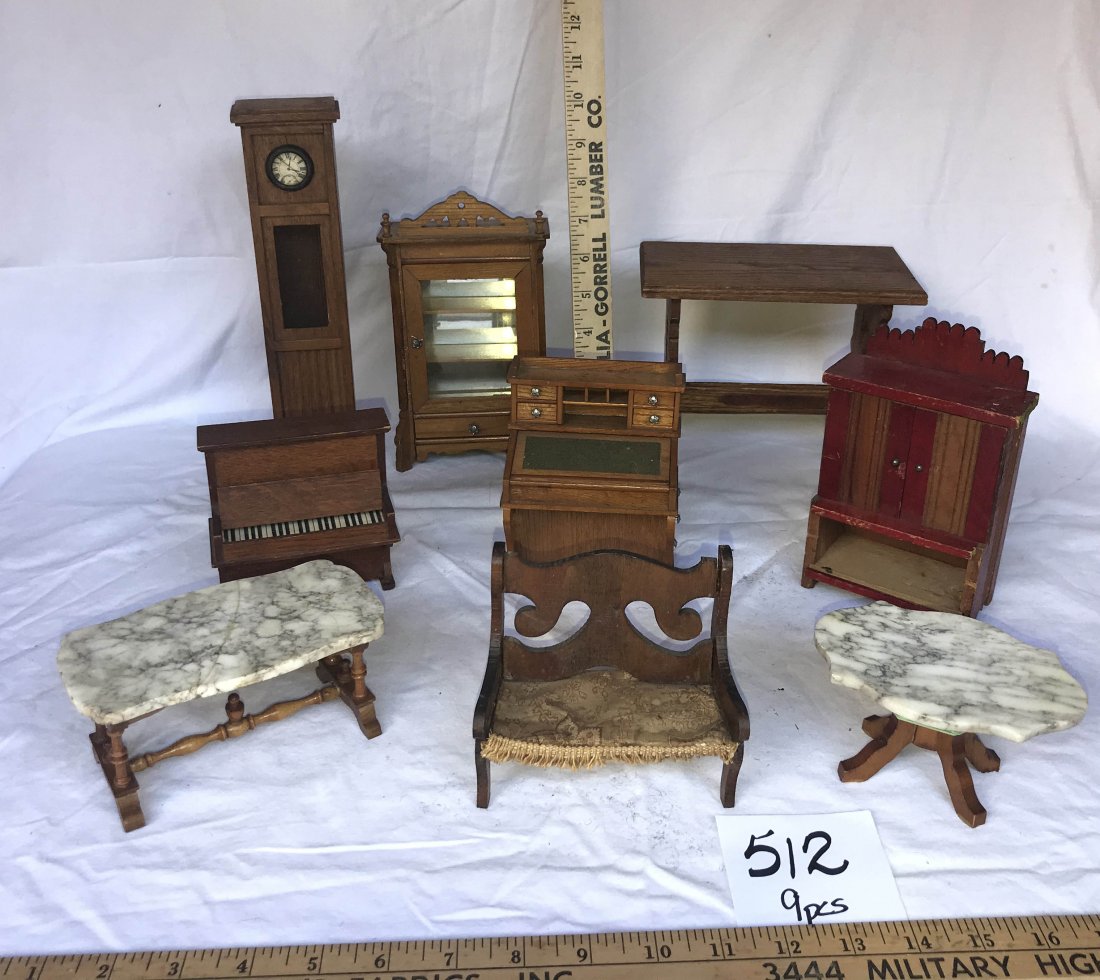 DOLLHOUSES, DOLLS, MINIATURES: Grouping of 9 pieces of living room dollhouse furniture: oak tall case clock, oak china cabinet, oak piano, oak slant top desk w/side drawer, turtle top table w/marble base-reglued, marble top hall ta