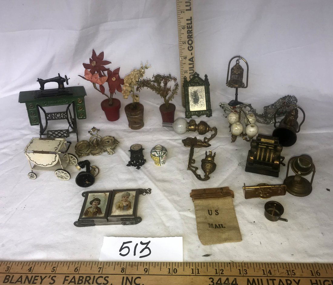 DOLLHOUSES, DOLLS, MINIATURES: Grouping of dollhouse miniatures: white metal candlestick phone, inkwell w/candlestick-missing foot, dar tall mantel clock, tin mirror-green paint, pair oil lamp sconces-1 shade missing, mail pouch, c