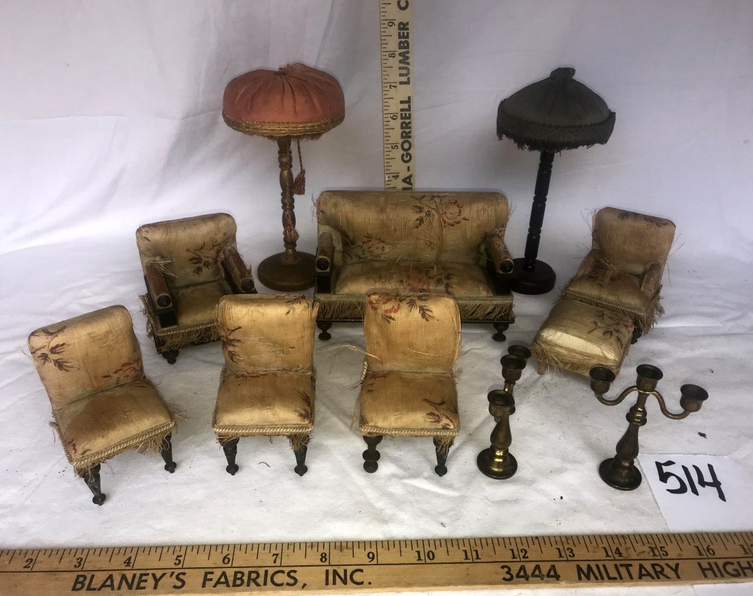 DOLLHOUSES, DOLLS, MINIATURES: Grouping of silk Victorian miniature dollhouse parlor set w/fringe-upholstered AS IS, brass candelabra