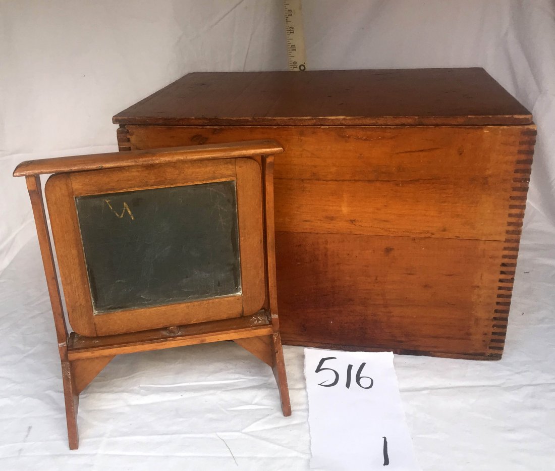 DOLLHOUSES, DOLLS, MINIATURES: Grouping of "schoolhouse furniture": (9) desks w/slightly slanted tops; (9) chairs, (1) teacher's desk, (1) swivel chalkboard w/slate and wood frame; all in a custom box 9 1/2" x 14 1/2" x 10 1/2"