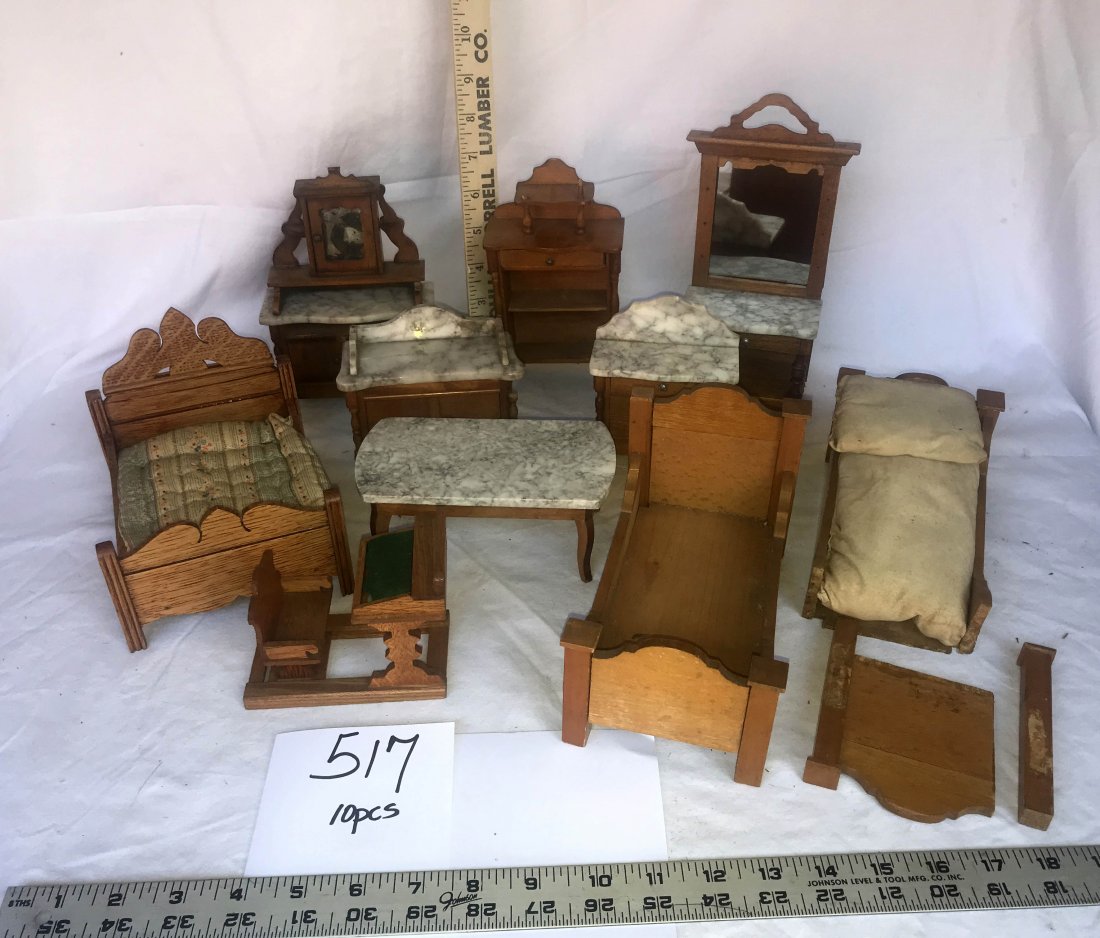 DOLLHOUSES, DOLLS, MINIATURES: Grouping of 10 pcs. of Victorian dollhouse furniture: marble top dressing table w/mirror, marble top washstand w/3 drawers, marble top washstand w/2 doors, washstand w/medicine cabinet top-missing can