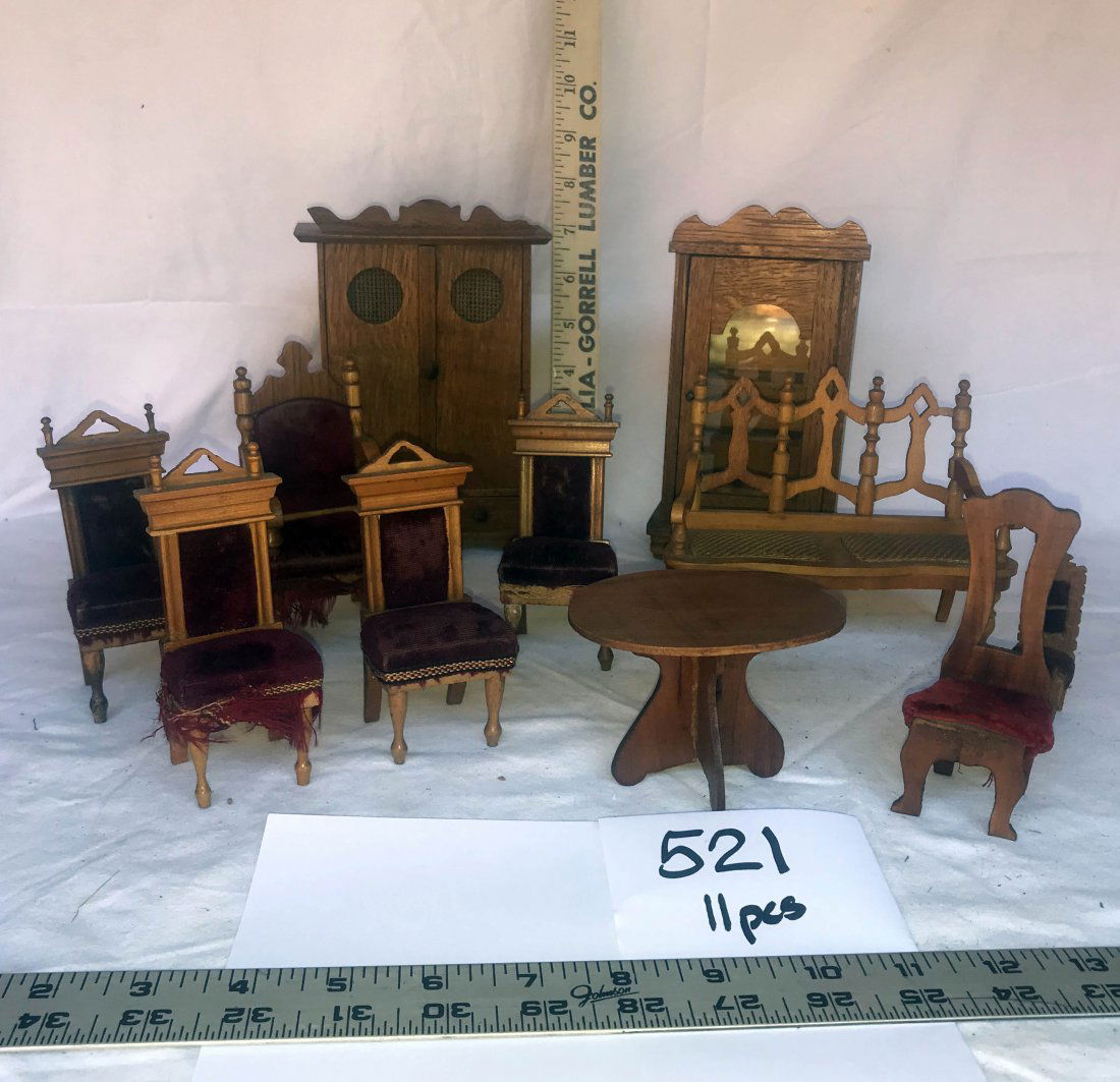 DOLLHOUSES, DOLLS, MINIATURES: Grouping of oak and mohair living room/parlor set: oak armoire, oak china, 4 dining chairs-wear to fabric, occasional chair, Captain's chair, carved sette w/cane bottom, child's chair - ALL show wear