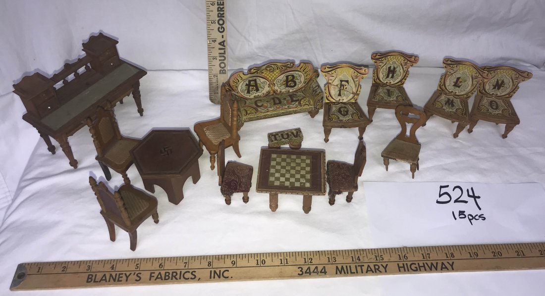 DOLLHOUSES, DOLLS, MINIATURES: Grouping of dollhouse furniture: table w/checkerboard top; hexagonal table w/inlaid edges and center design; wood desk w/gallery and 2 side pcs.; (3) matching chairs w/wooden seats and back; (2) match