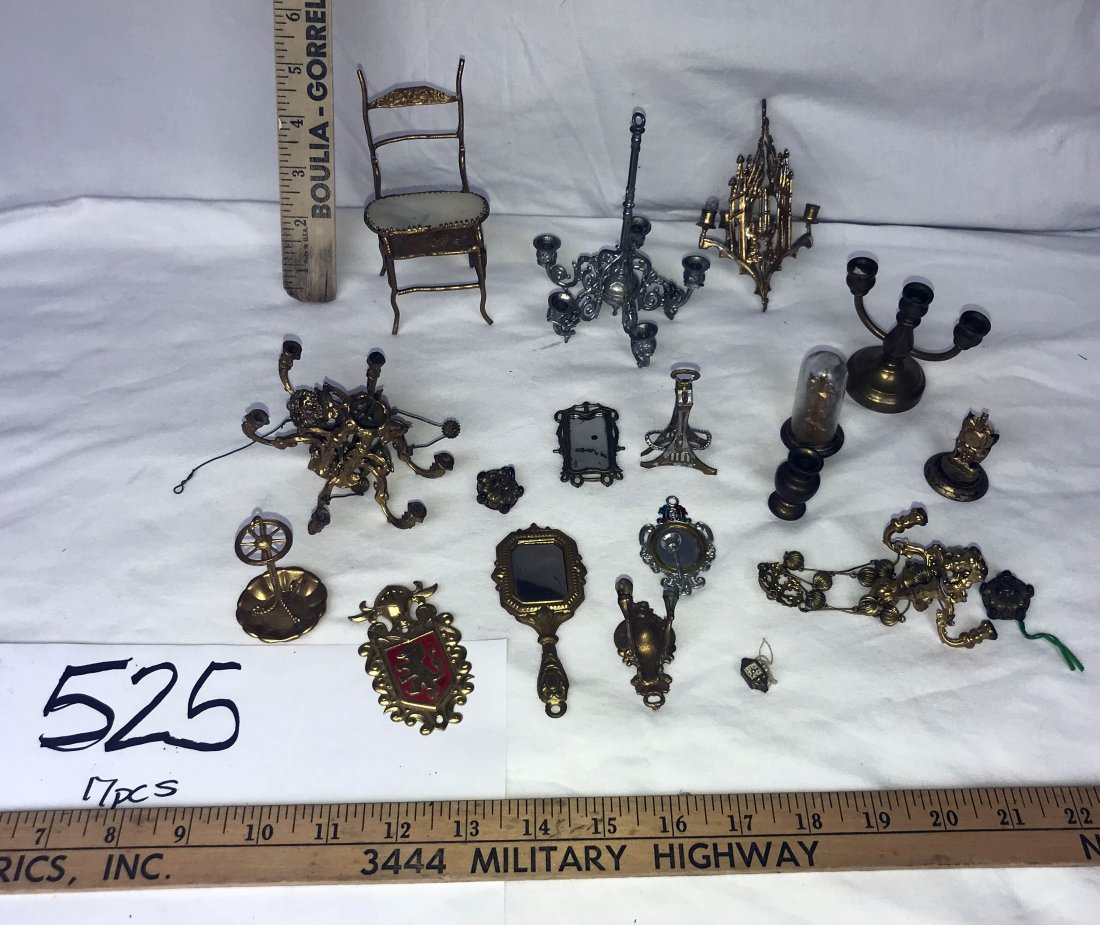 DOLLHOUSES, DOLLS, MINIATURES: Grouping of dollhouse items: (4) hanging chandeliers; (2) wall sconces w/candle holders-1 w/mirror; (2) mirrors-1 hand and 1 standing-back brace missing; metal highchair w/mother of pearl tray; brass 
