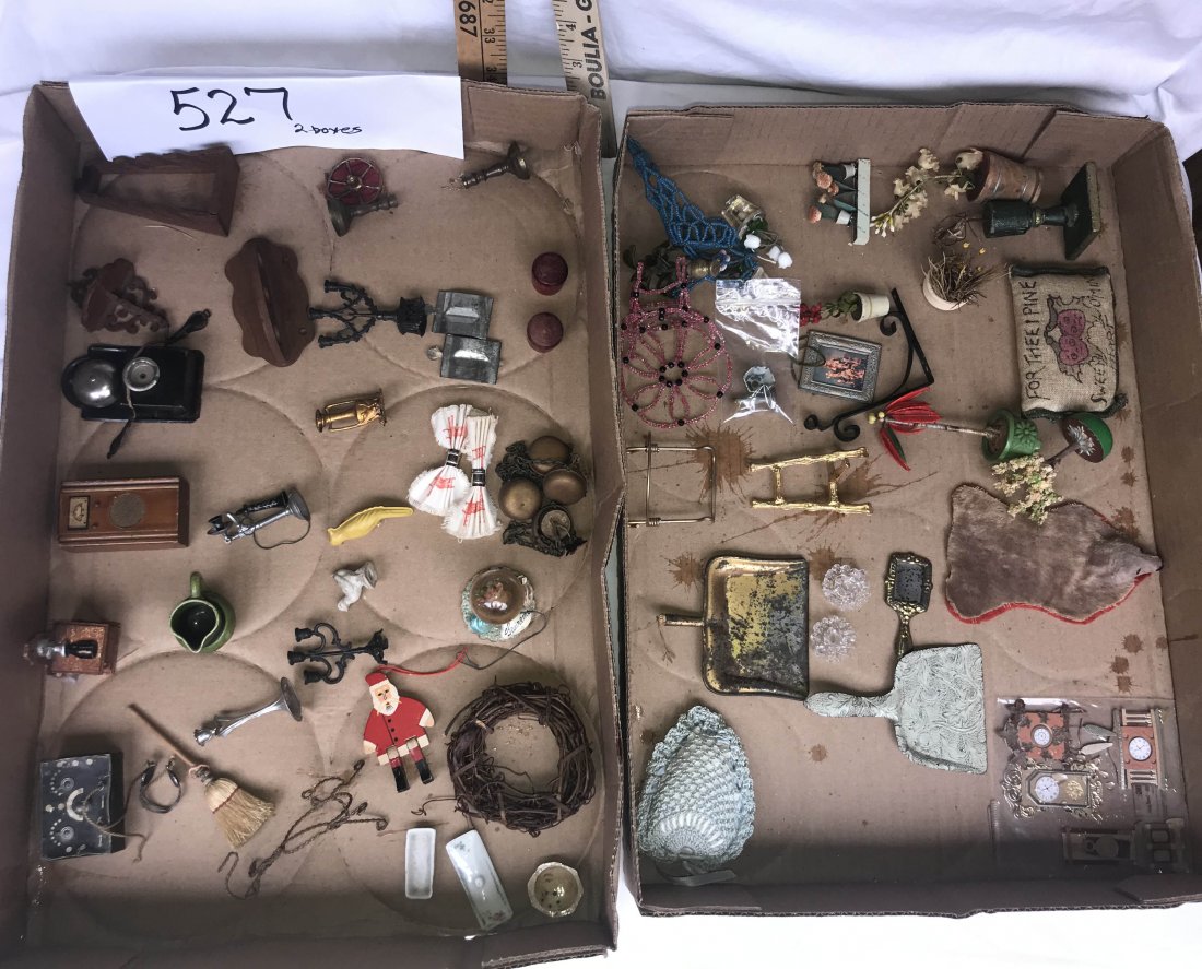 DOLLHOUSES, DOLLS, MINIATURES: Grouping of dollhouse miniatures: (2) tin dust pans, clock faces, pin cushion, stands-frames, potted plants in wooden stands, bear skin rug, grape vine wreath, wall telephone, candlesticks and candela