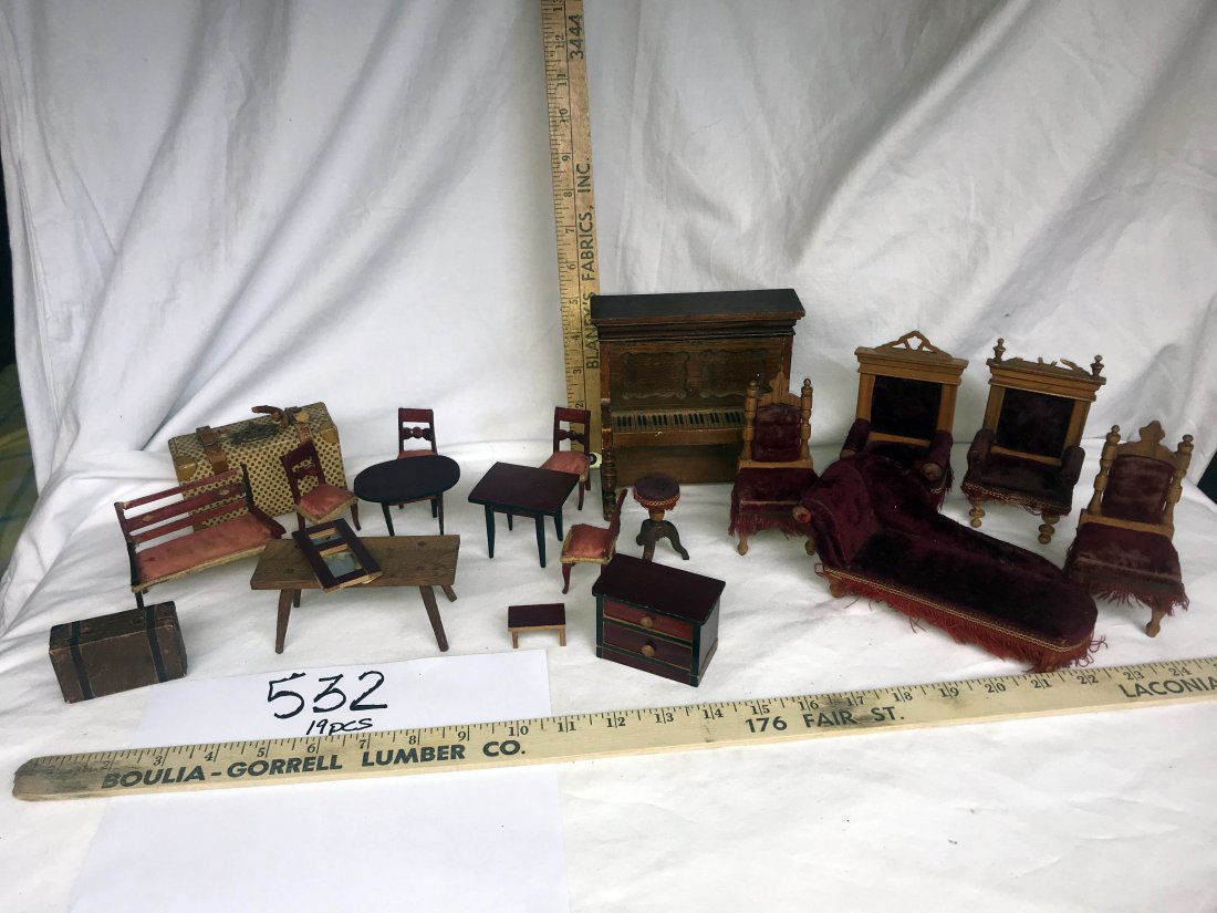 DOLLHOUSES, DOLLS, MINIATURES: Grouping of dollhouse furniture: Shaker dining room set; Victorican style parlor furniture: chiase, (2) arm chairs mohair covering-1 damaged crest, (2) side chairs, upright piano-GA Schwarz, piano sto