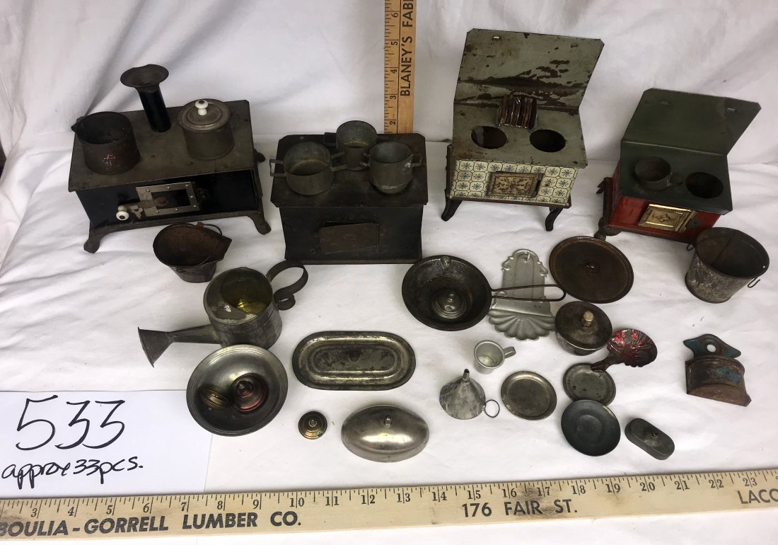 DOLLHOUSES, DOLLS, MINIATURES: Grouping of vintage dollhouse kitchen items: (3) wood stoves w/2 burner tops, (1) stove w/3 burner top w/pots; variety of small pcs.,; waterering can; bucket; pans; plates; funnel; cups; salt box-AS I