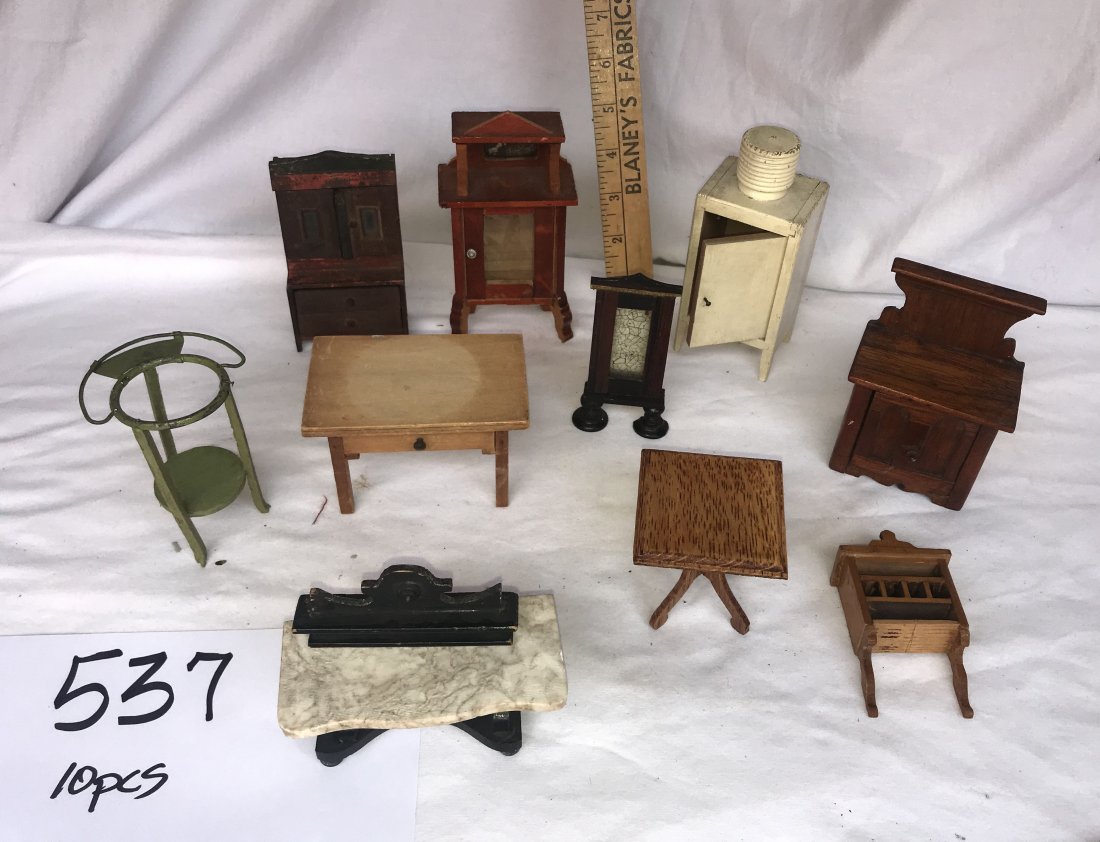 DOLLHOUSES, DOLLS, MINIATURES: Grouping of small dollhouse furniture: Victorian washstand; monitor top refrigerator; small cupboard w/2 doors-1 needs repair; pier mirror; country table w/drawer; washstand-ptd green; plant stand; Em