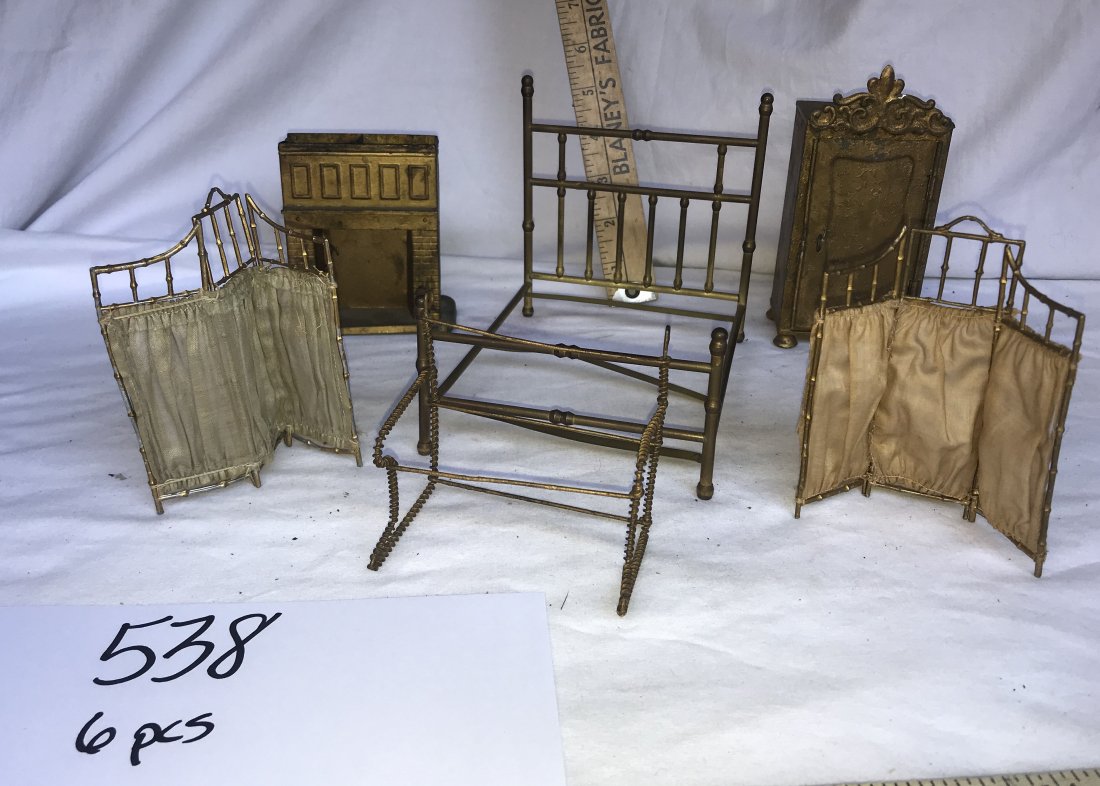 DOLLHOUSES, DOLLS, MINIATURES: Grouping of metal dollhouse furniture: full brass bed; (2) 3 section dressing screen w/silk material-both need to be repaired; brick mantel w/crane; wirework loveseat frame; Armoire-all over wear-slat