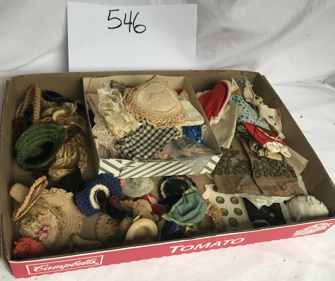 DOLLHOUSES, DOLLS, MINIATURES: Grouping of dollhouse textiles: various doll clothes and lace trim and fabric swatches (AS IS); thimble covers and needleholders