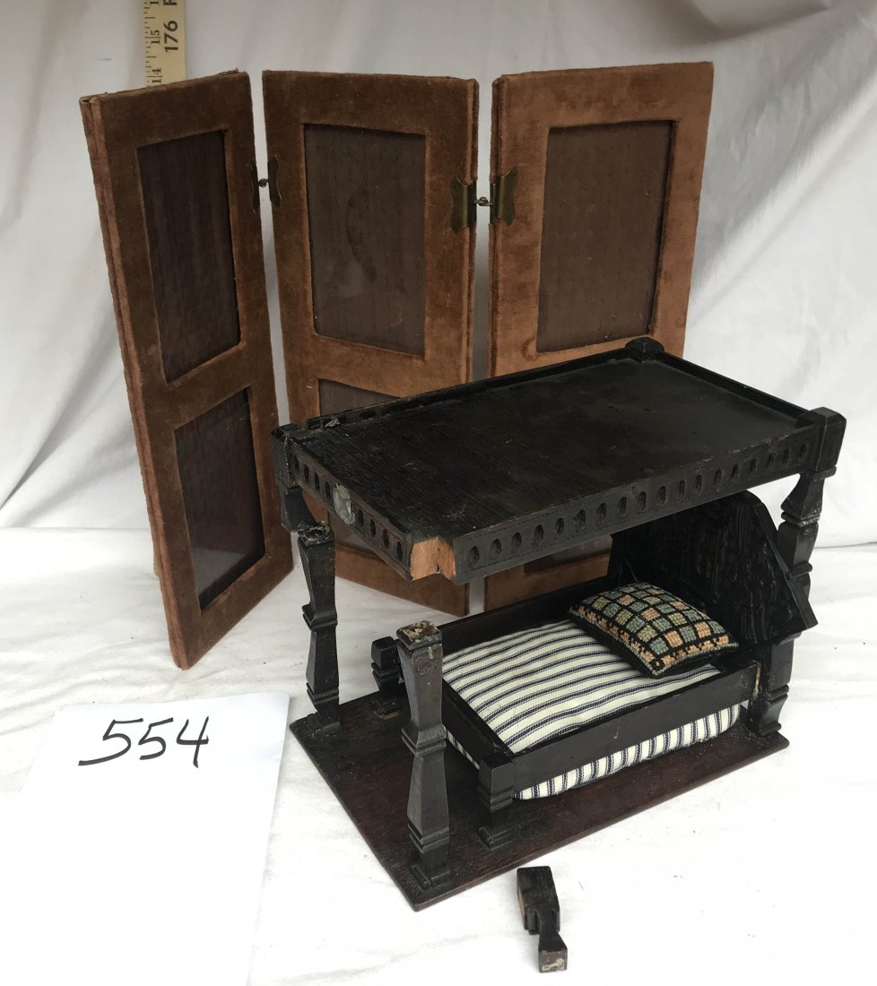 DOLLHOUSE, DOLLS, MINIATURES: Dollhouse furniture: Asian inspired wedding bed w/canopy, headboard carved w/raised figures, 4 columns w/flat canopy, top column/corner needs repair, w/ticking mattress, 8" T x 9" W x 6 1/4" D; AND ve