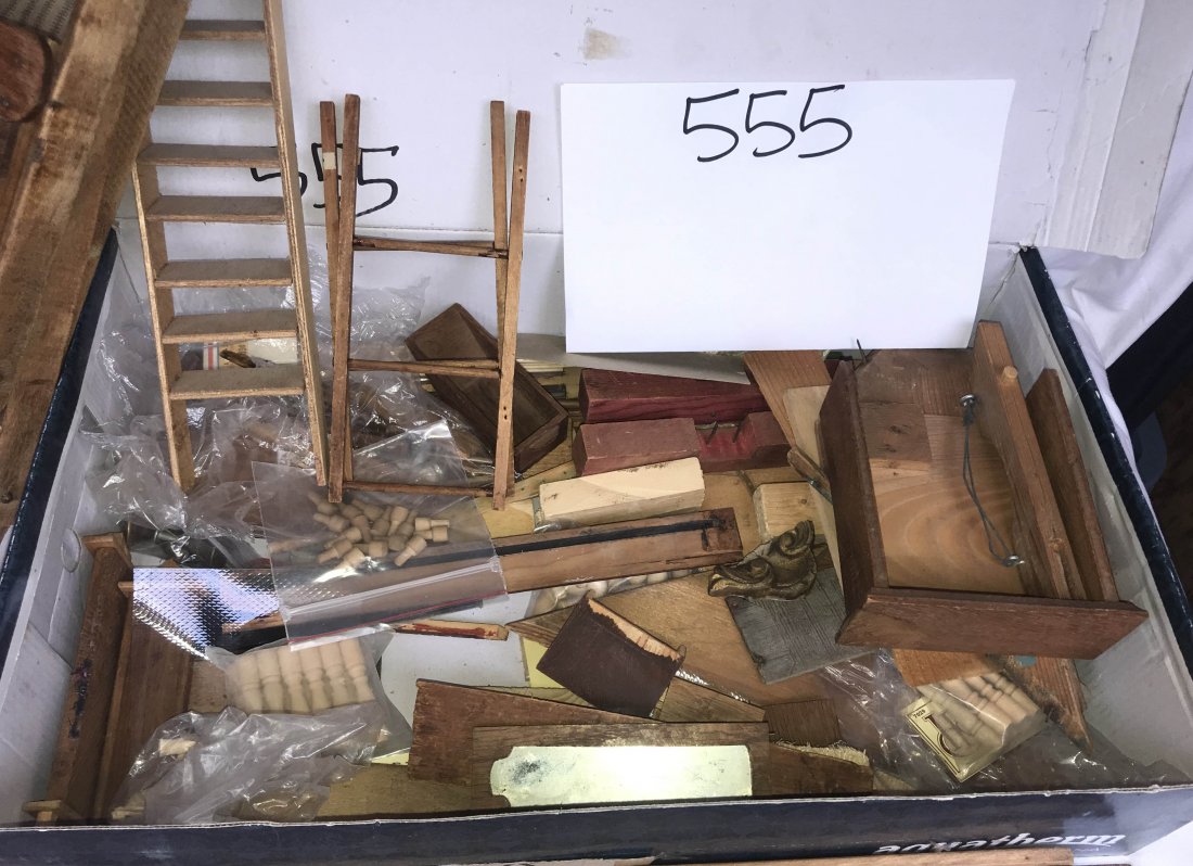DOLLHOUSE, DOLLS, MINIATURES: Dollhouse furniture: cot/split slat field bed w/ticking mattress, accordion, bed w/round head and foot board and horse decal-needs repair; primitve Victorian pine turned leg farm table-split top-screw
