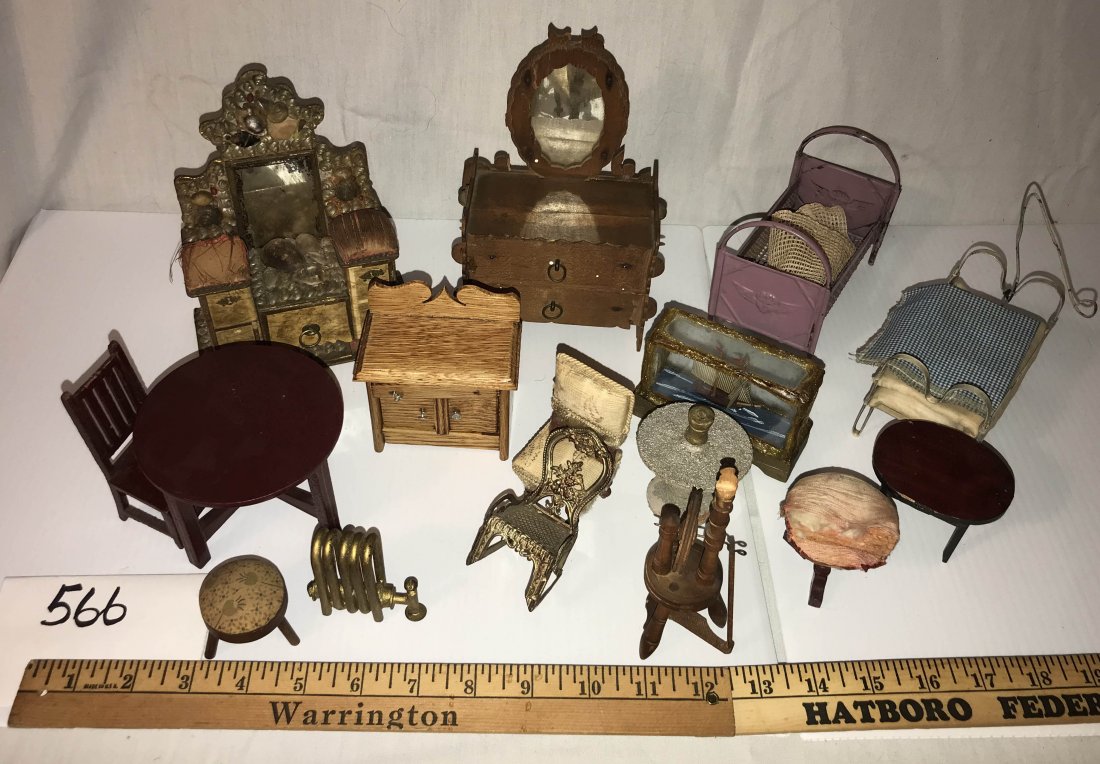 DOLLHOUSE, DOLLS, MINIATURES: Grouping of 16 dollhouse furniture and accessory pieces: 11 wooden: washstand w/2 doors and 1 drawer-knob missing and splashback; round table w/1 side chair; small oval side table; (2) stools w/uphols