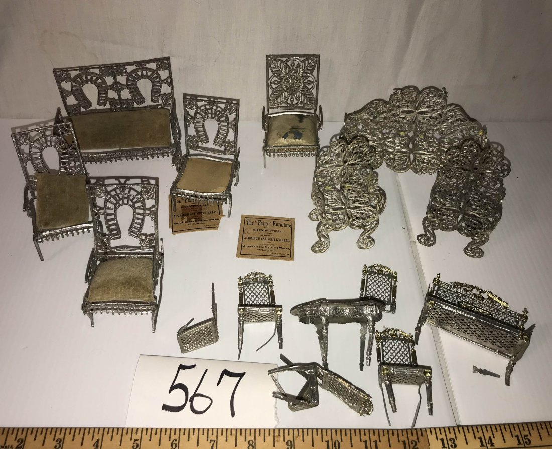 DOLLHOUSE, DOLLS, MINIATURES: Grouping of aluminum and white metal dollhouse furniture-"The Fairy Furniture": 4 matching pieces w/horseshoe design, upholstered seats-(2) side/arm chairs, 1 rocking chair, 1 sofa-upholstery shows we