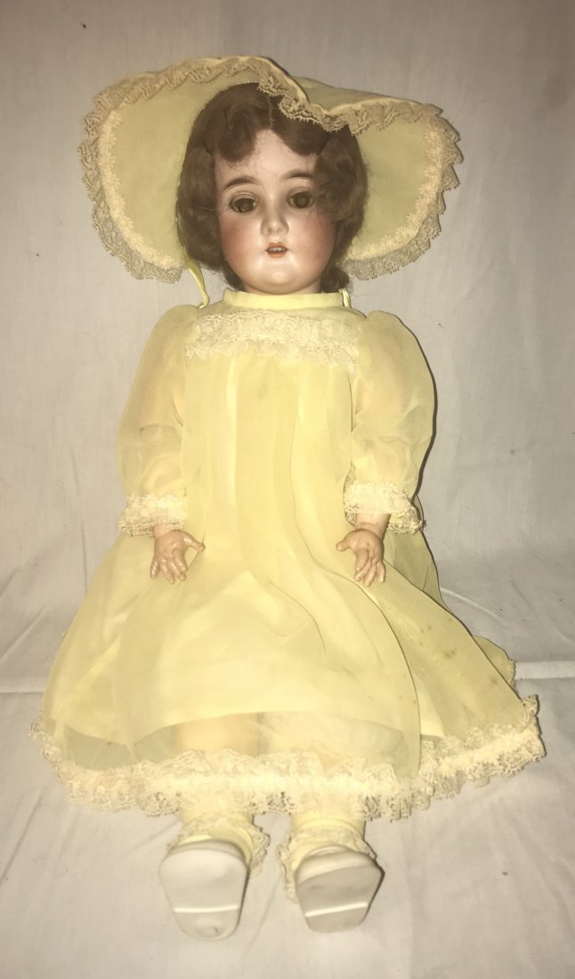 DOLLHOUSE, DOLLS, MINIATURES: Antique German bisque head doll w/jointed wooden body, marked Queen Louis, Germany 288 7. (at base of neck), tilt eyes discolored, brown hair, later clothing w/bonnet, handpaoint face, normal age wear