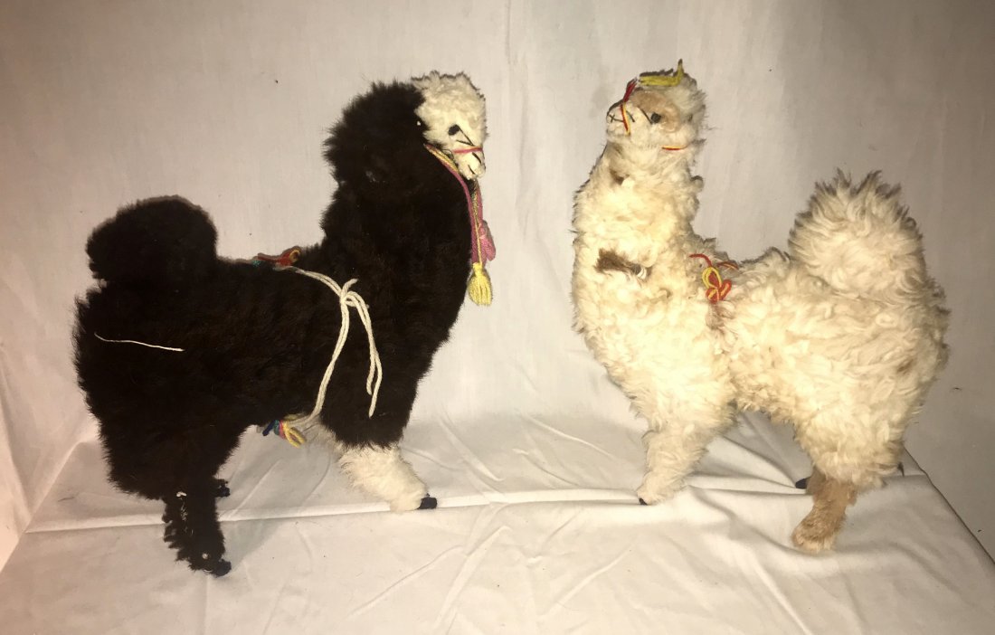 DOLLHOUSE, DOLLS, MINIATURES: (2) Llama figures both w/wirework frame bodies: 1 dark brown and 1 white w/spots, each 15" T x 12" L