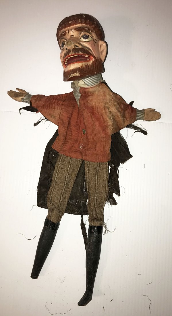 DOLLHOUSE, DOLLS, MINIATURES: Vintage puppet figure of a man w/carved wooden head having handpainted red hair, mustache and beard, wooden hands legs and feet body w/red cloth jacket and striped pants, head shows old wear paint and