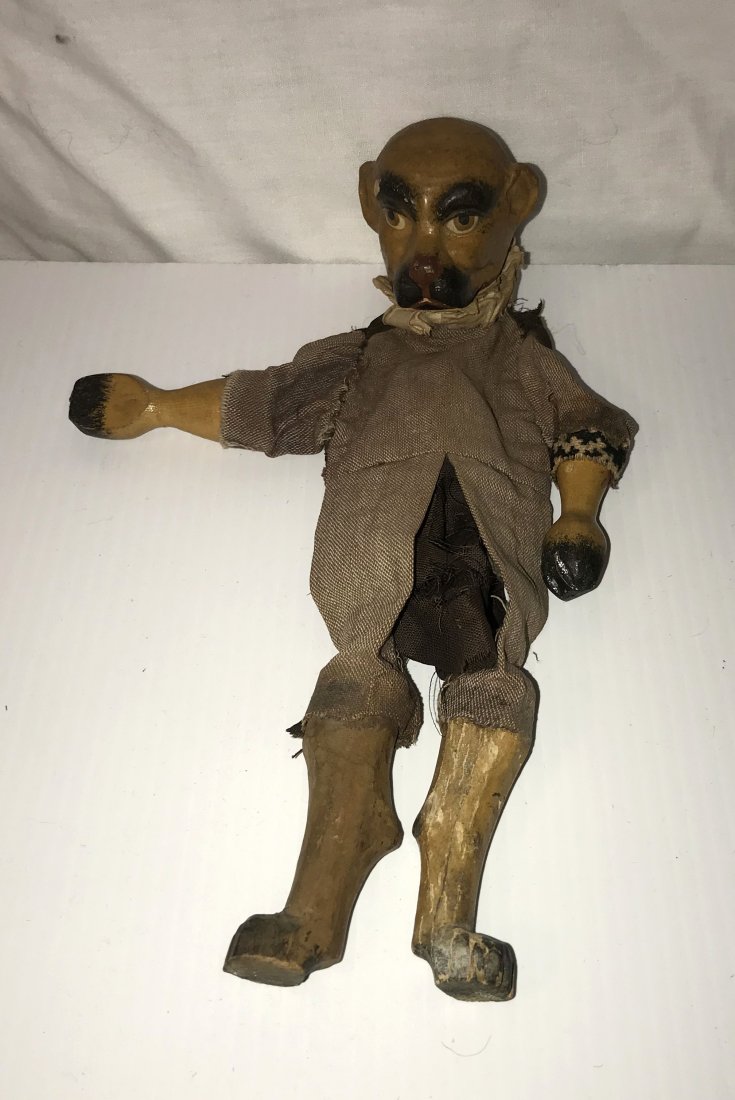 DOLLHOUSE, DOLLS, MINIATURES: Vintage puppet, figure of a dog w/carved wooden head having a handpainted face in yellowish brown, black and red, wooden legs and paws, cloth body w/cape, paint loss on right eyebrow, paint loss and f