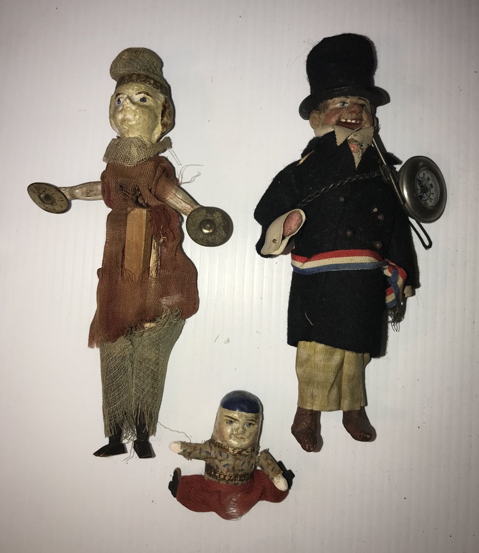 DOLLHOUSE, DOLLS, MINIATURES: (3) antique pieces: a tiny finger puppet, figure of a boy w/composition type head having a handpainted face 1 arm partially detached, pants frayed and torn, approx. 2 1/4" T; AND a doll figure of a ma