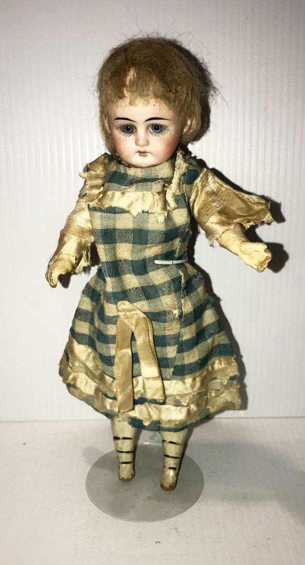DOLLHOUSE, DOLLS, MINIATURES: German bisque head doll marked S.P., #129, 5/0, handpainted face, glass eyes, pierced ears, composition body w/jointed arms, legs and feet, forearms, fingers and feet show wear and paint loss, approx.
