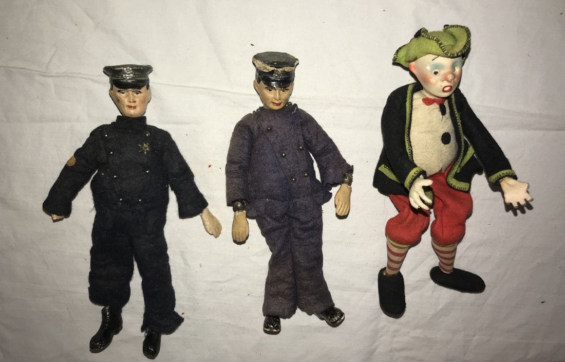 DOLLHOUSE, DOLLS, MINIATURES: Group of (3) vintage figures: (2) vintage Saba Bucherer metal ball jointed and composition figures, 1920’s character dolls, metal body is covered with a straw" type material (can't see metal body),