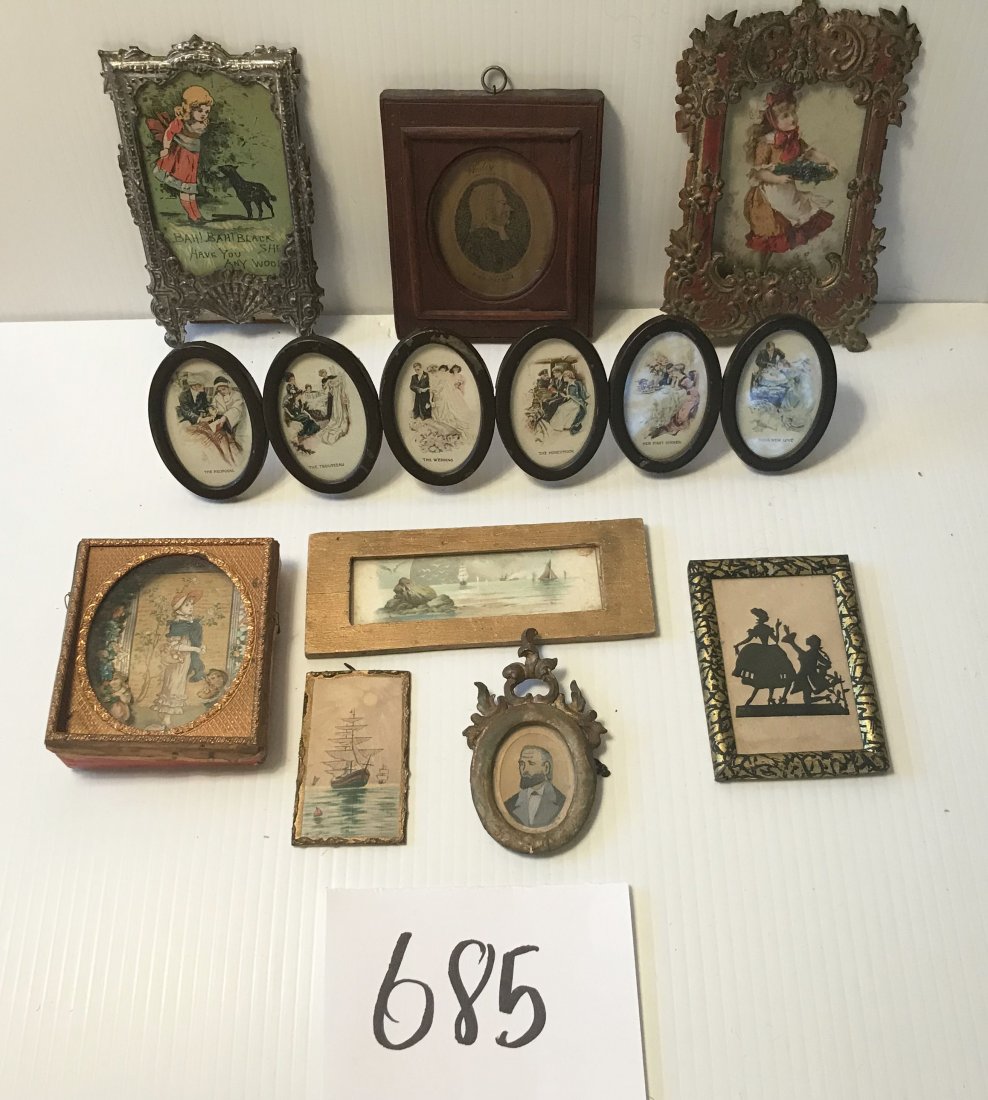 DOLLHOUSE, DOLLS, MINIATURES: Group of 6 dollhouse framed prints: black and white profile portrait print of Wesley, born 1703, in early softwood frame; handcrafted 3D shadow box w/Victorian figures; (2) repousee tin standing frame