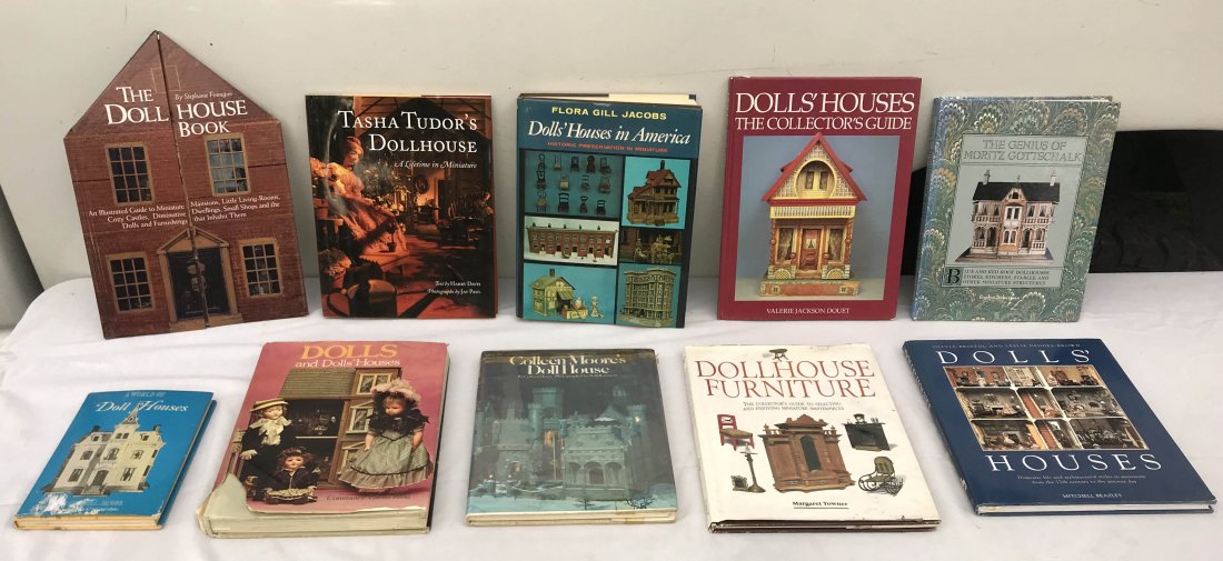 DOLLS AND DOLLHOUSE REFERENCE BOOKS: Grouping of 9 hardcover books on dollhouses by: Florigill Jacobs, 1964; Harry Davis/Jay Paul, 1999; Stephanie Finnigan, made in Hong Kong, 1999; Valerie Jackson Douet, printed Slovenia, 1994; Olivia B