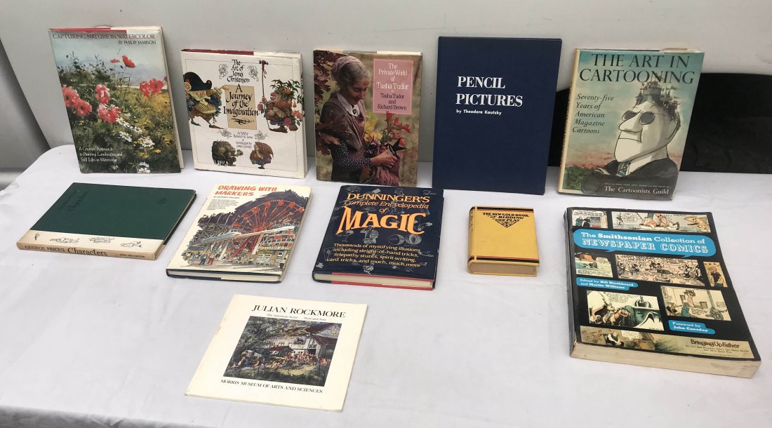 DOLLS AND DOLLHOUSE REFERENCE BOOKS: Grouping of 11 miscellaneous hardcover books on art, magic, cartoons, etc by: A Journey of the Imagination The Art of James Christensen, 1st Edition, 1992; Philip Jamenson 1980, 1st edition; Tasha Tud