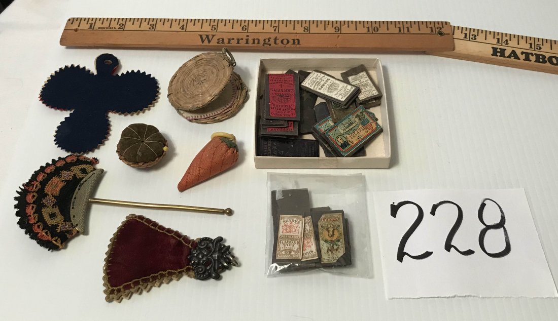 FURNITURE, ACCESSORIES, COUNTRY COLLECTIBLES, TOYS, ETC: (6) pin cushions AND group of needles in paper advertising sheaths