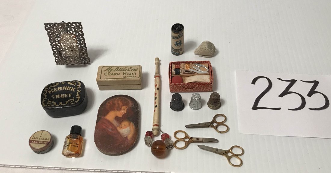 FURNITURE, ACCESSORIES, COUNTRY COLLECTIBLES, TOYS, ETC: Group of Miniatures: advertising items: F.A. Rauner Harmonica Made in Germany in case, "My Little One" Charm. Harp. Germany; perfume bottle-Quadrille; Menthol Snuff adv. tin, pin holder w/lady and bab