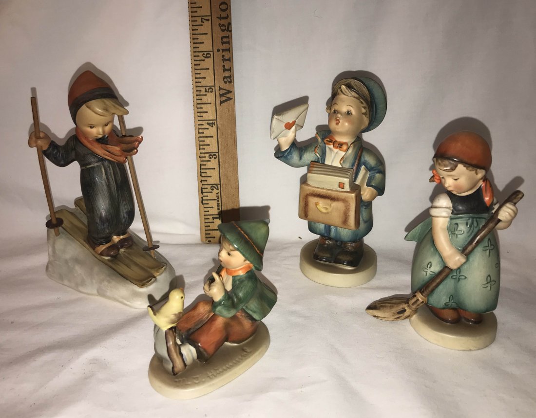HUMMEL FIGURINES: Grouping of 4 Hummel Figurines, ALL w/Full Bee Mark-Germany: #59 Skiier w/wooden poles, #63 Singing Lesson, #119 Postman, #171 Little Sweeper