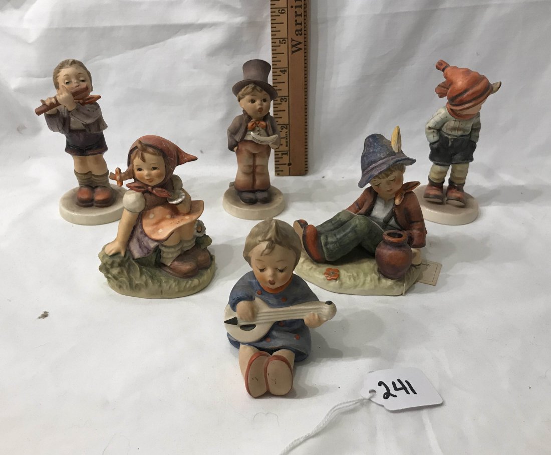 HUMMEL FIGURINES: Grouping of 6 Hummel Figurines: #43 March Winds; #53 Joyful; #131 Street Singer-crazed bottom; #409 Coffee Break; #447 Morning Concert; #459 In The Meadow