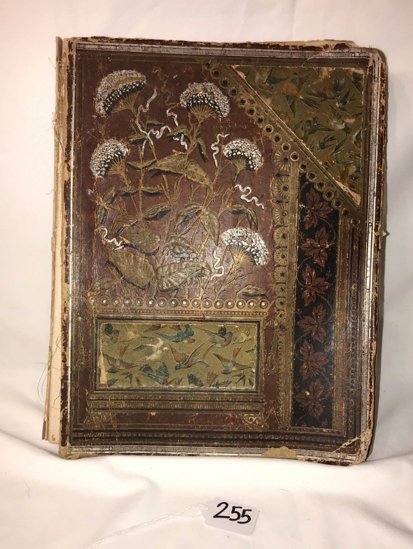 FURNITURE, ACCESSORIES, COUNTRY COLLECTIBLES, TOYS, ETC: Antique Victorian scrapbook inscribed "This Scrapbook Presented to Edna E. Kreidler by E. J. Kreidler, July 23rd, 1885" chocl full of diecut paper flowers, pictures, advertising/store cards, animals, 