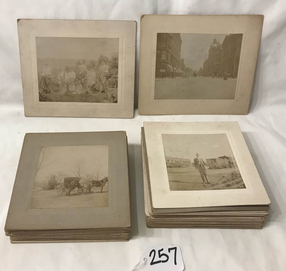 FURNITURE, ACCESSORIES, COUNTRY COLLECTIBLES, TOYS, ETC: Group of Victorian and early 20th century photographs: scene of many in front of steam locomotive, people w/bicycles, city street scene w/horsedrawn vehicles, (2) men in fishing boat, Victorian parlor