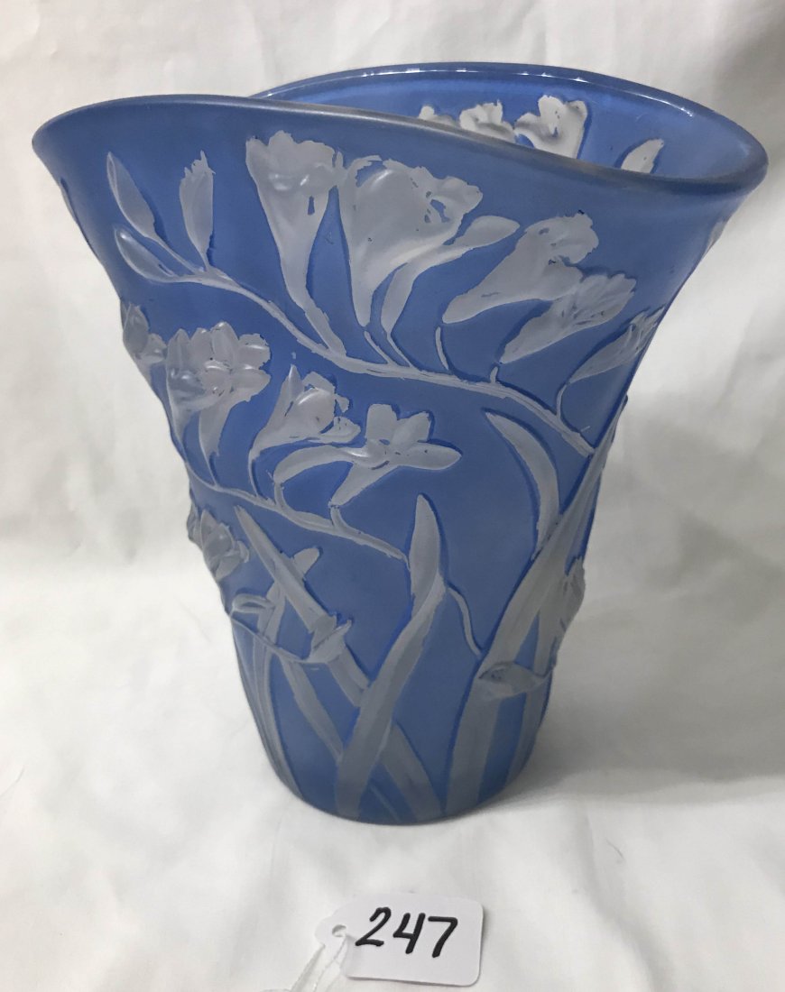 FURNITURE, ACCESSORIES, COUNTRY COLLECTIBLES, TOYS, ETC: Fan shaped vase in blue w/raised flowers and leaves, sticker on bottom "Phoenix Sculptured Artware"; straw/line mark on exterior (does not go thru to interior), 8 1/4" T