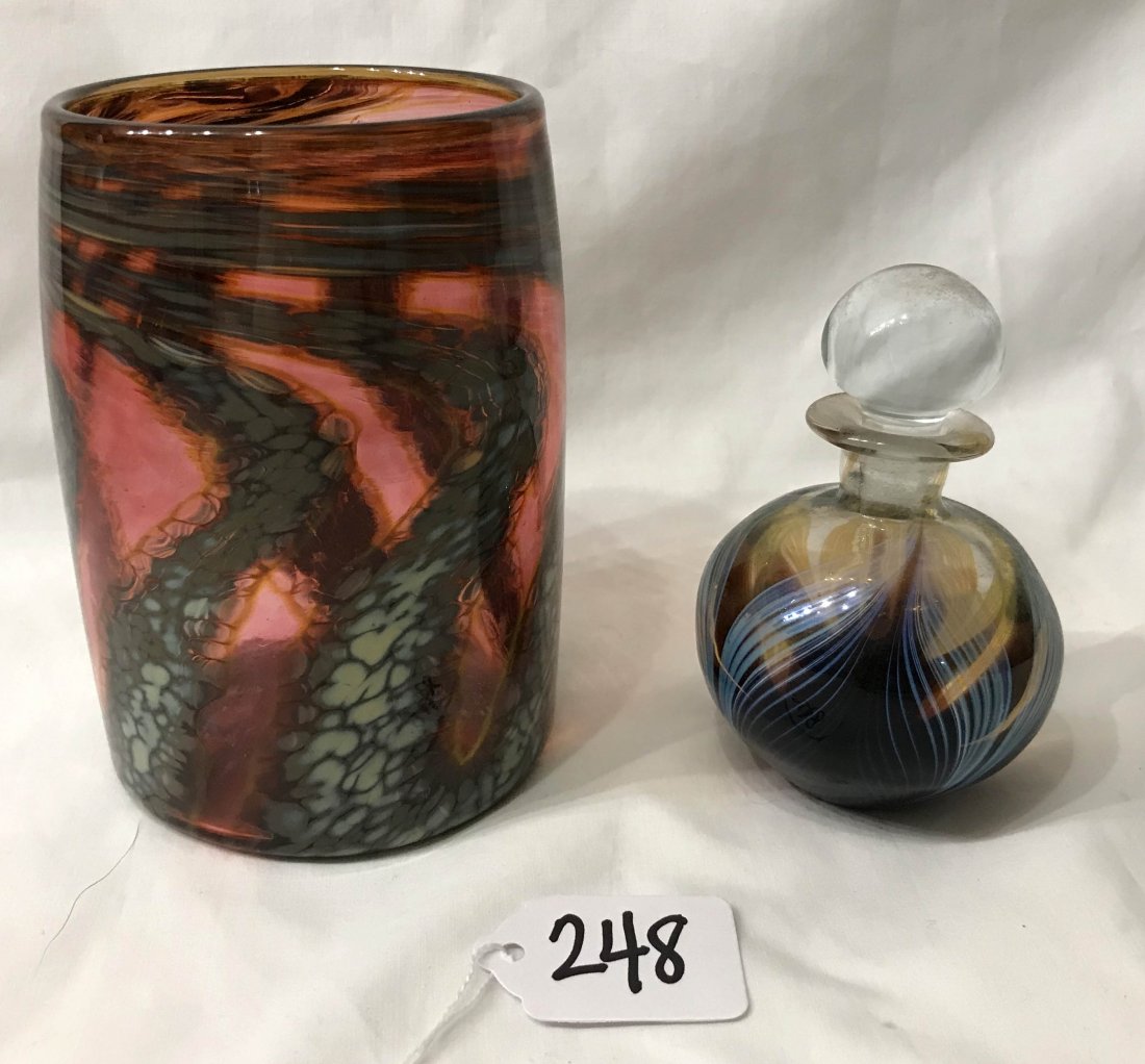 FURNITURE, ACCESSORIES, COUNTRY COLLECTIBLES, TOYS, ETC: 2 pieces of modern art glass: iridescent jar form vase w/mottled-swirled design in brown, blue, yellowish/green, script signature illegible, 5 1/4" T x 3 5/8" diameter AND small perfume bottle w/clear