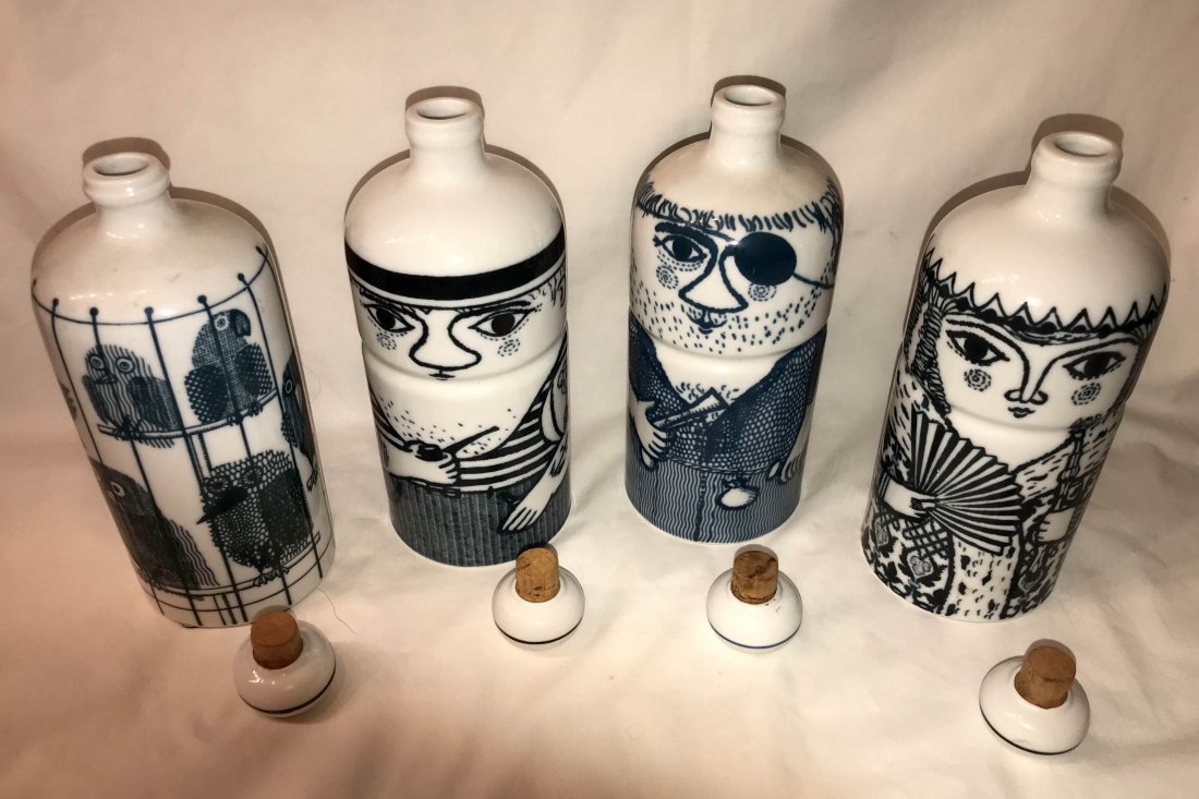FURNITURE, ACCESSORIES, COUNTRY COLLECTIBLES, TOYS, ETC: Group of 4 earthenware bottles marked Altenkunstadt Made in Western Germany, all w/cork stoppers, mold marks 185/07, 3 depicting different human designs, 1 deocrated w/owl figures, all 9" T x 3 1/2" d
