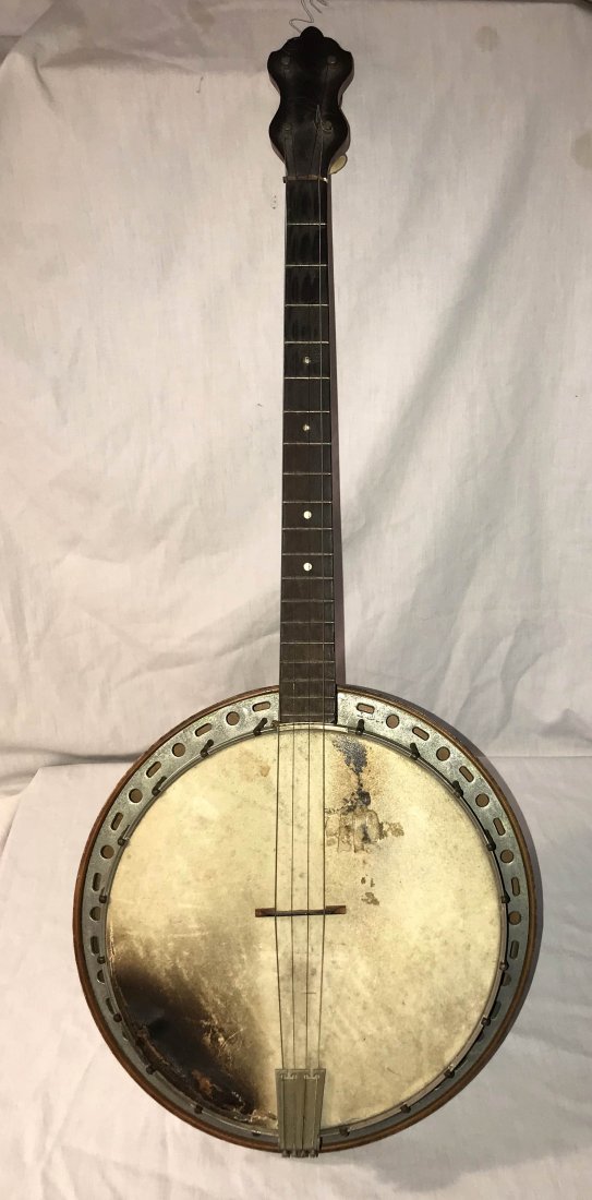 FURNITURE, ACCESSORIES, COUNTRY COLLECTIBLES, TOYS, ETC: Antique 4 string banjo, bird's eye maple back w/floral painted decoration, leather skin, soiled, unsigned, approx. 34" L x 13 1/4" diameter