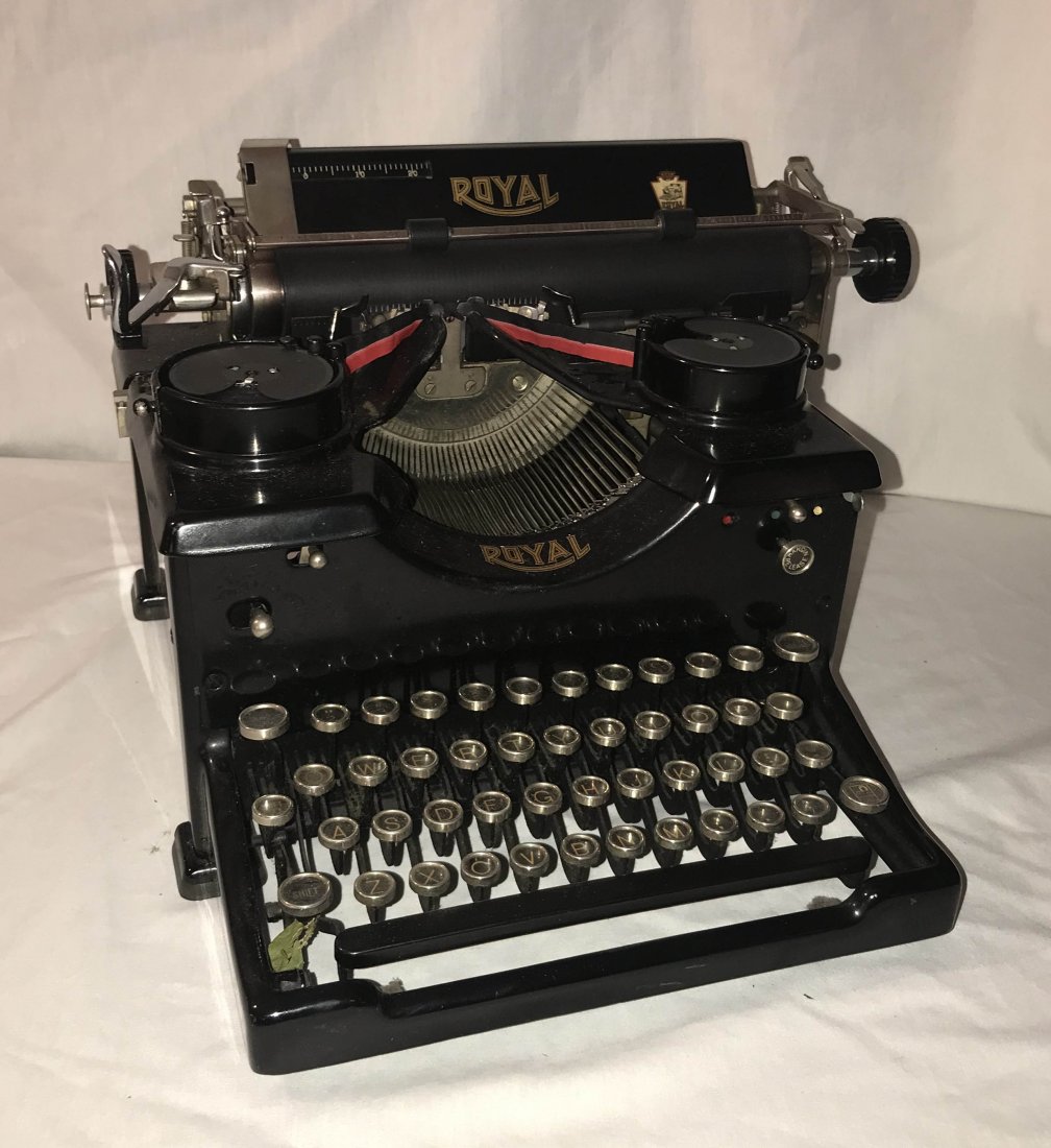 FURNITURE, ACCESSORIES, COUNTRY COLLECTIBLES, TOYS, ETC: Vintage typewriter marked Royal w/beveled glass side panels, marked Regal Precision Rebuilt, Regal Typewriter Company, Inc., serial # Y-37-110760