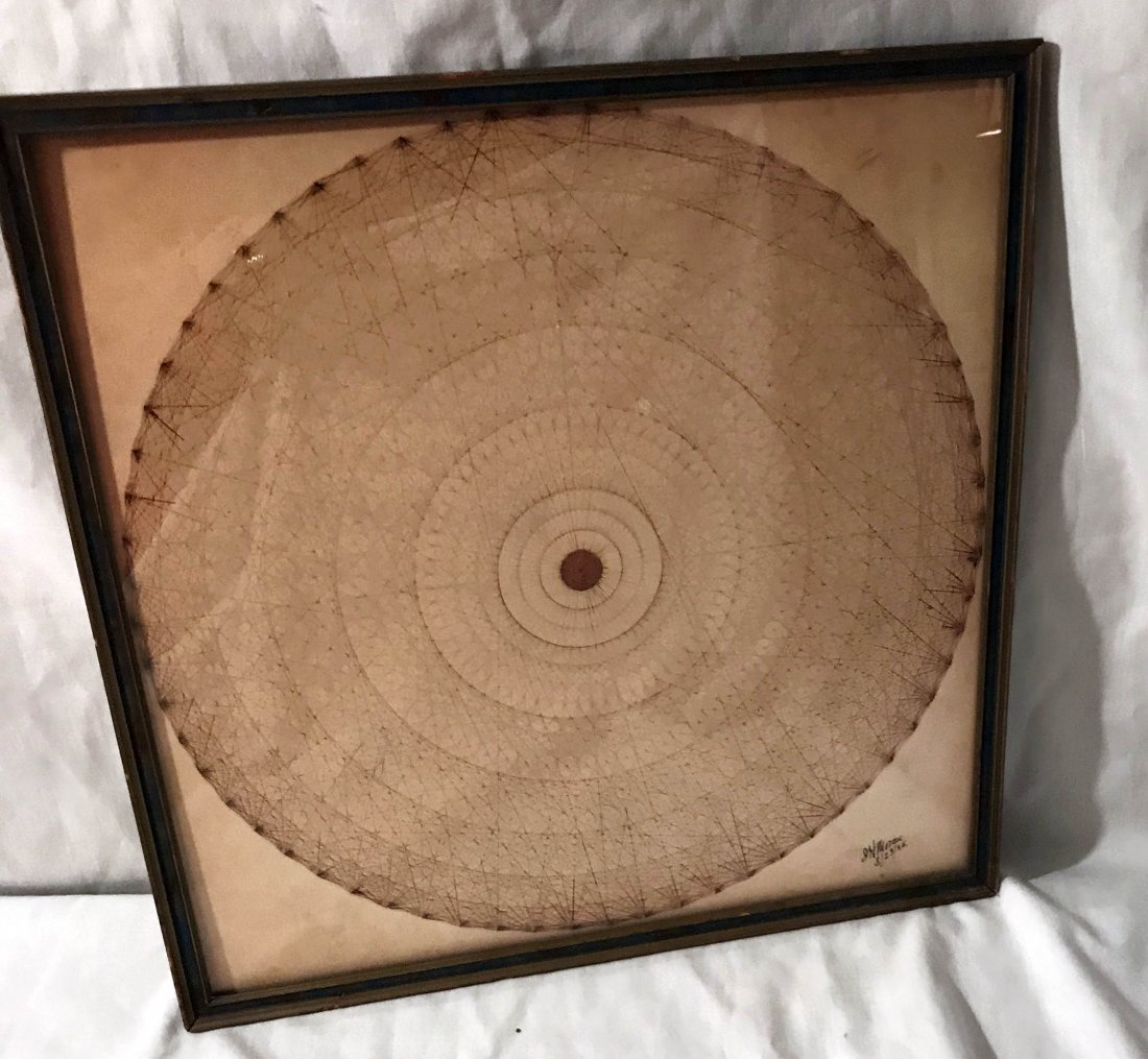 FURNITURE, ACCESSORIES, COUNTRY COLLECTIBLES, TOYS, ETC: Framed compass drawing signed lower right J.H. Morau 8/23/25; drawing-13 7/8" diameter; frame-14 7/8" square
