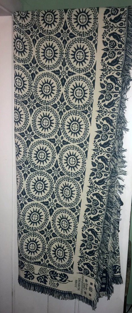 FURNITURE, ACCESSORIES, COUNTRY COLLECTIBLES, TOYS, ETC: Green and white coverlet marked John Klinhinz, Ohio, 1848, having hex sign design with leaf and bird border, approx. 96" x 84"