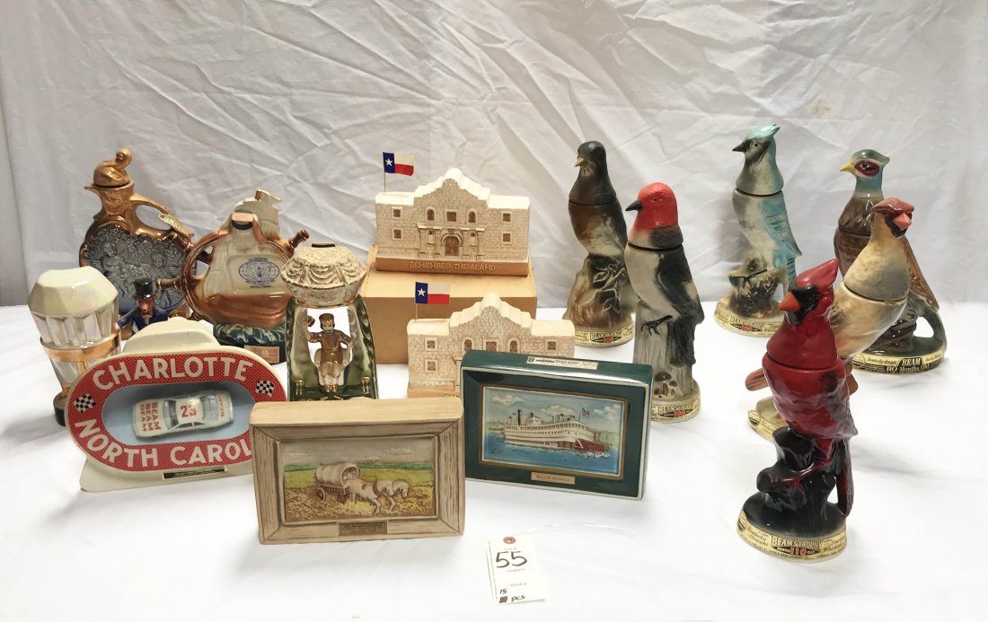 Lot of 14 Beam Bottles Decanters: 1918-1968 The Broadmoor; brown bottle w/A; turquoise bottle w/stopper; tan bottle lw/stopper; blue bottle w/stopper; brown telephone shaped bottle (L); (2) Character tea pots-Wade Pottery (1 blue, 1 w